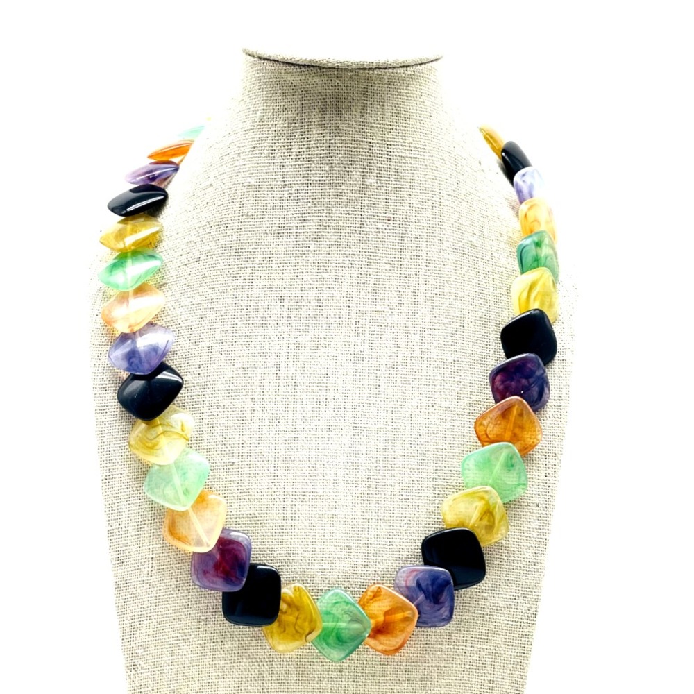 Vintage Multicolor Beaded Necklace Chunky Colorful Statement Boho Jewelry